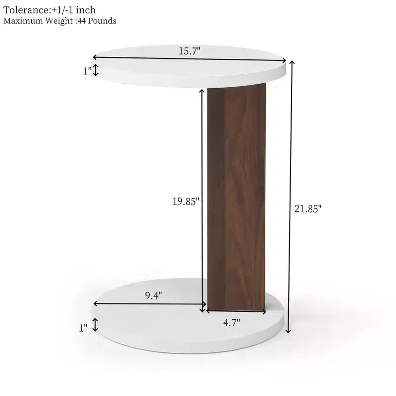 Small End Table, Rustic Round 2-Tier Side Table, Living Room Couch Tray Table, Modern C-Shaped Couch Table with Wood Frame White+Walnut