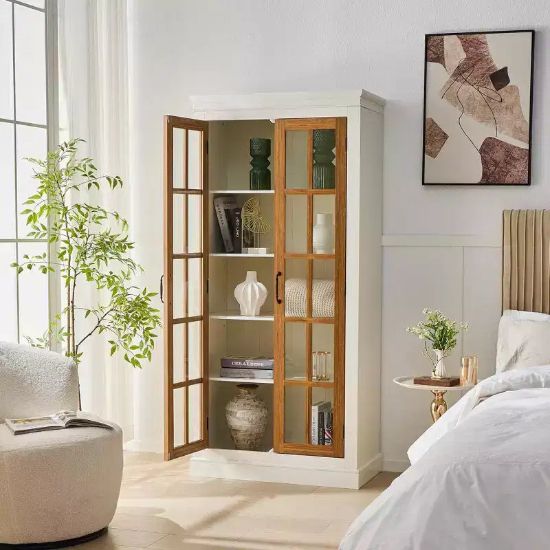71.2in Freestanding Glass Door Pantry, Farmhouse Display Curio Cabinet with Lattice Window for Hallway Living Room Kitchen Office