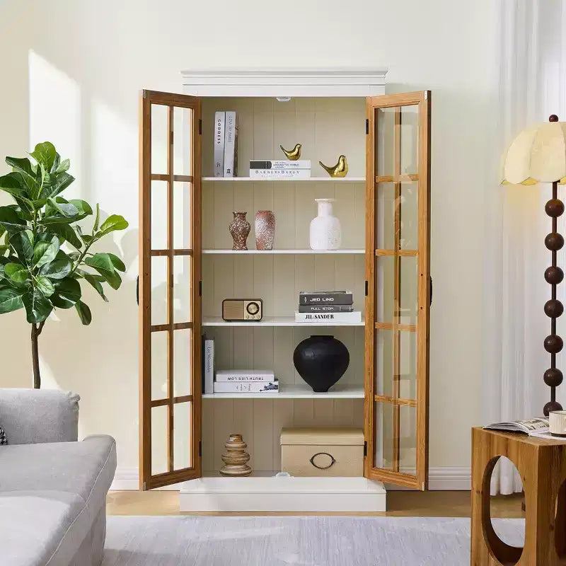 71.2in Freestanding Glass Door Pantry, Farmhouse Display Curio Cabinet with Lattice Window for Hallway Living Room Kitchen Office