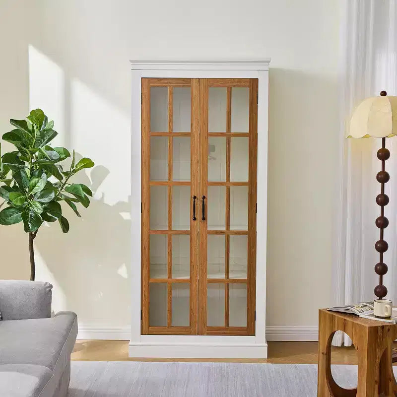 71.2in Freestanding Glass Door Pantry, Farmhouse Display Curio Cabinet with Lattice Window for Hallway Living Room Kitchen Office