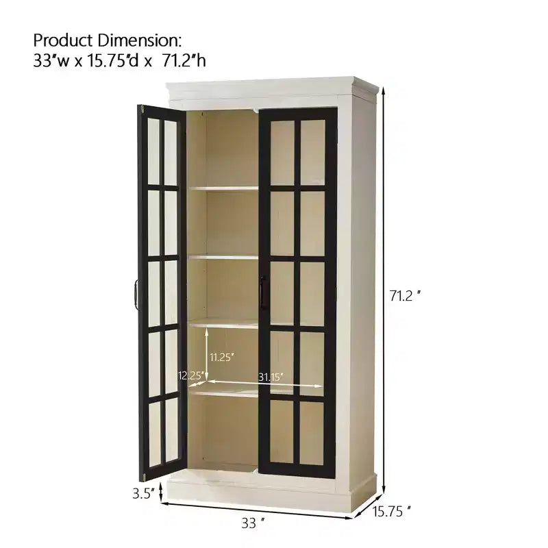 71.2in Freestanding Glass Door Pantry, Farmhouse Display Curio Cabinet with Lattice Window for Hallway Living Room Kitchen Office