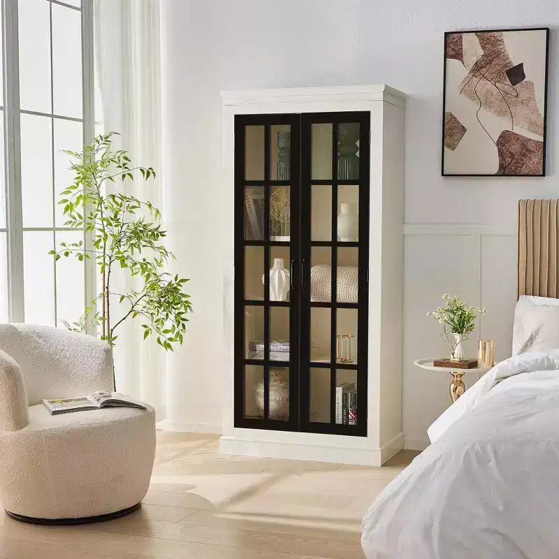71.2in Freestanding Glass Door Pantry, Farmhouse Display Curio Cabinet with Lattice Window for Hallway Living Room Kitchen Office