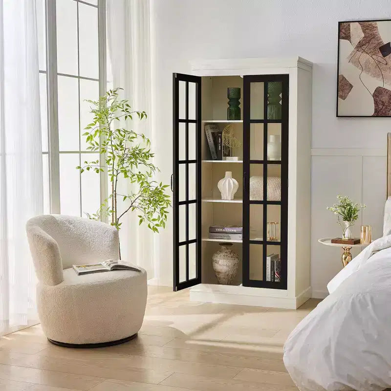 71.2in Freestanding Glass Door Pantry, Farmhouse Display Curio Cabinet with Lattice Window for Hallway Living Room Kitchen Office
