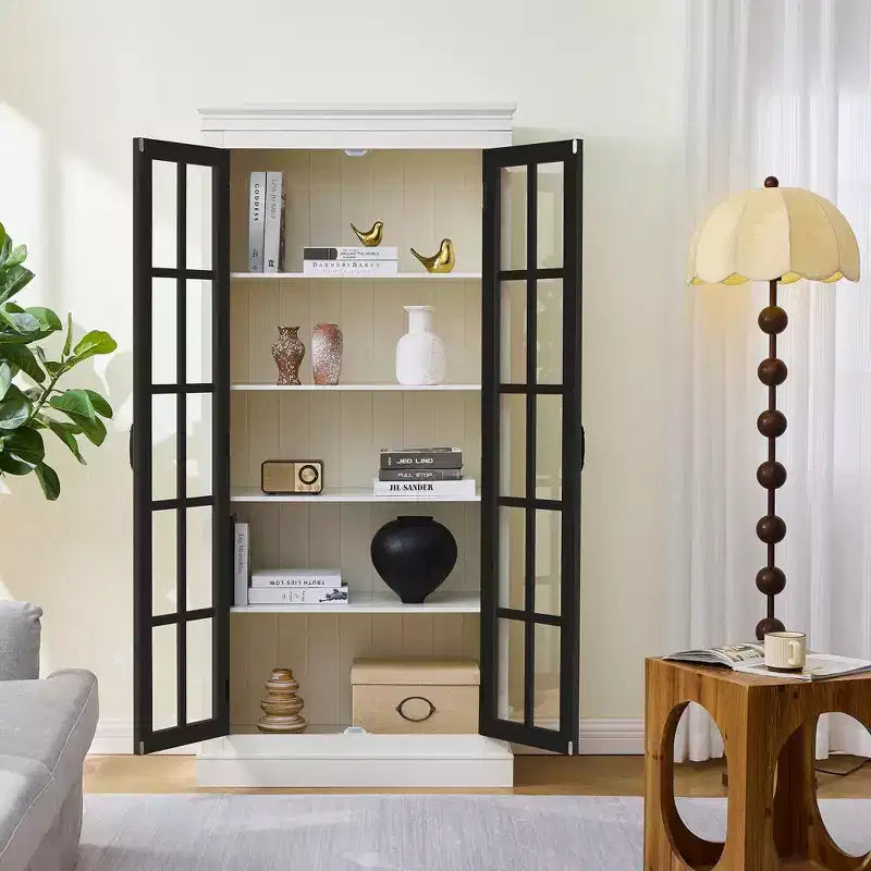 71.2in Freestanding Glass Door Pantry, Farmhouse Display Curio Cabinet with Lattice Window for Hallway Living Room Kitchen Office