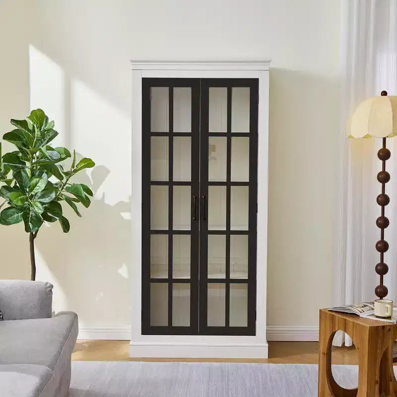 71.2in Freestanding Glass Door Pantry, Farmhouse Display Curio Cabinet with Lattice Window for Hallway Living Room Kitchen Office