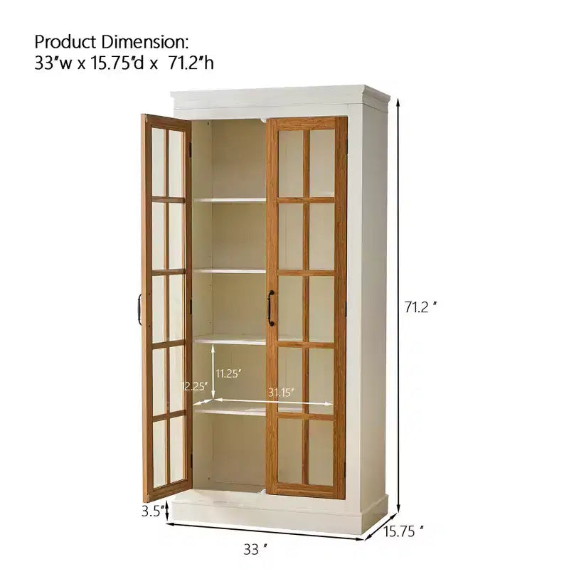 71.2in Freestanding Glass Door Pantry, Farmhouse Display Curio Cabinet with Lattice Window for Hallway Living Room Kitchen Office