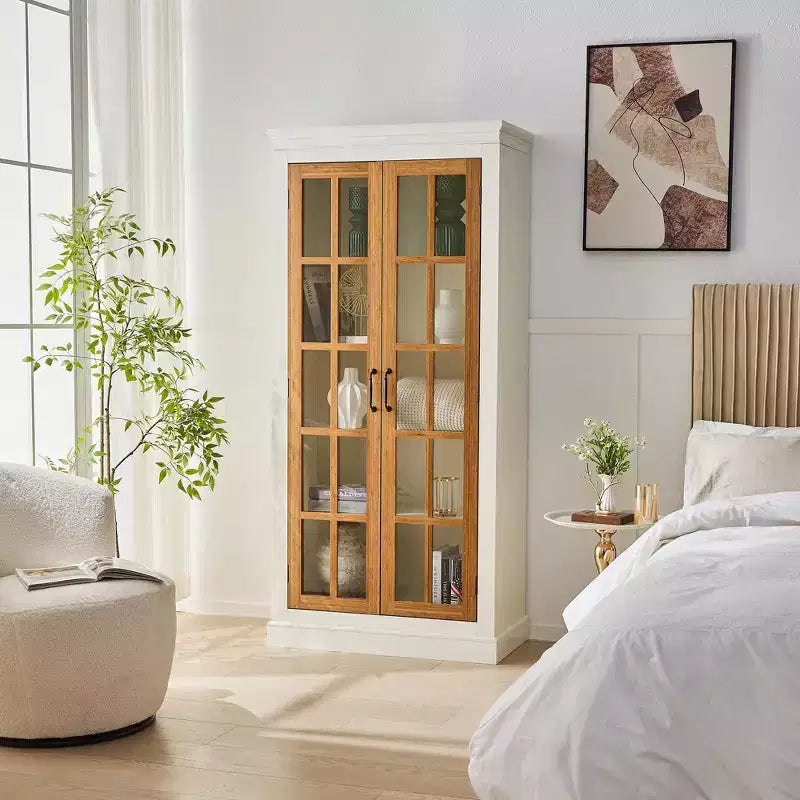 71.2in Freestanding Glass Door Pantry, Farmhouse Display Curio Cabinet with Lattice Window for Hallway Living Room Kitchen Office