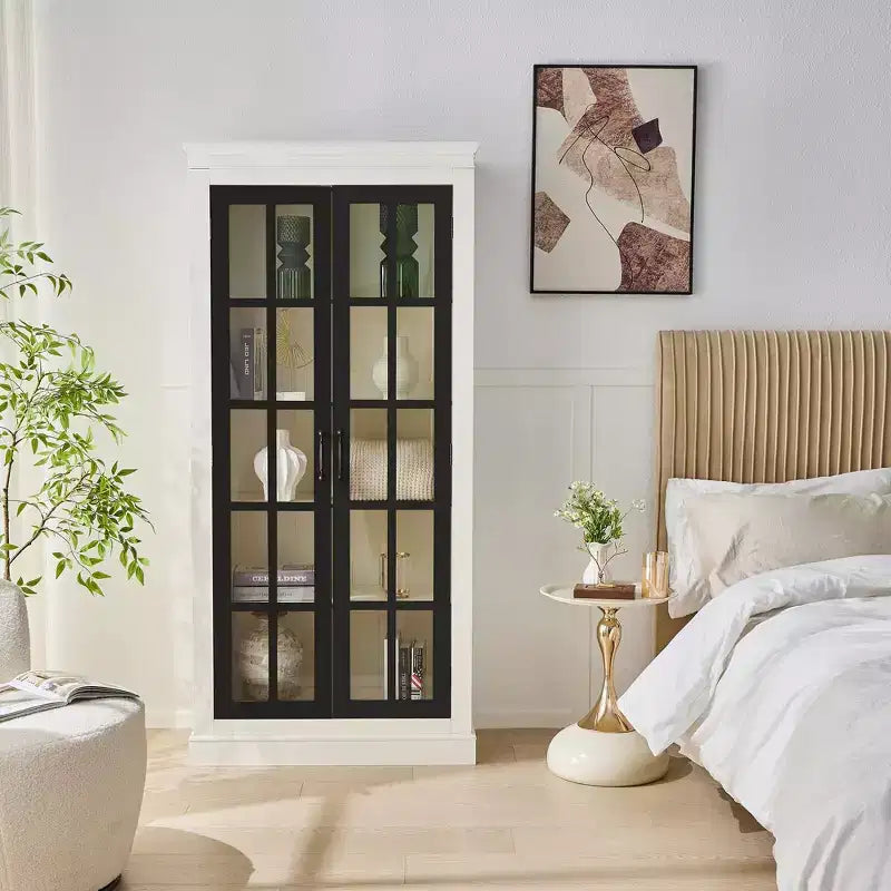 71.2in Freestanding Glass Door Pantry, Farmhouse Display Curio Cabinet with Lattice Window for Hallway Living Room Kitchen Office