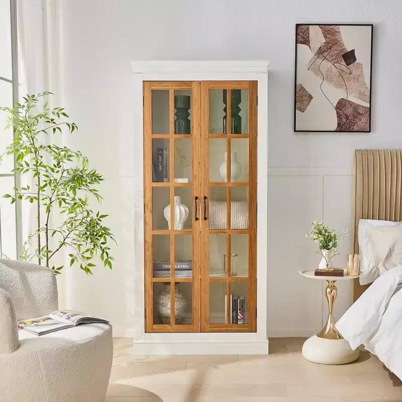 71.2in Freestanding Glass Door Pantry, Farmhouse Display Curio Cabinet with Lattice Window for Hallway Living Room Kitchen Office