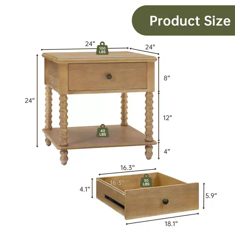 Farmhouse Nightstand with Drawer & Open Shelf, 24" Cube Side Table for Bedroom, Beige/Black