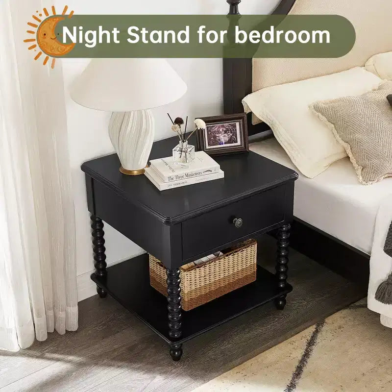 Farmhouse Nightstand with Drawer & Open Shelf, 24" Cube Side Table for Bedroom, Beige/Black
