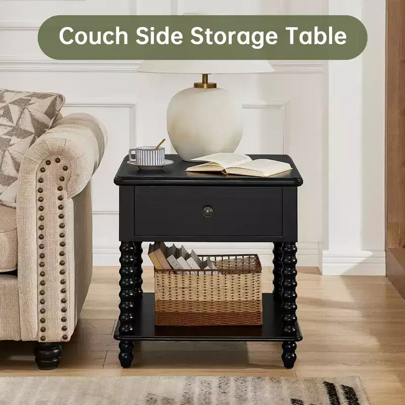 Farmhouse Nightstand with Drawer & Open Shelf, 24" Cube Side Table for Bedroom, Beige/Black