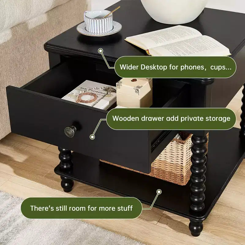 Farmhouse Nightstand with Drawer & Open Shelf, 24" Cube Side Table for Bedroom, Beige/Black