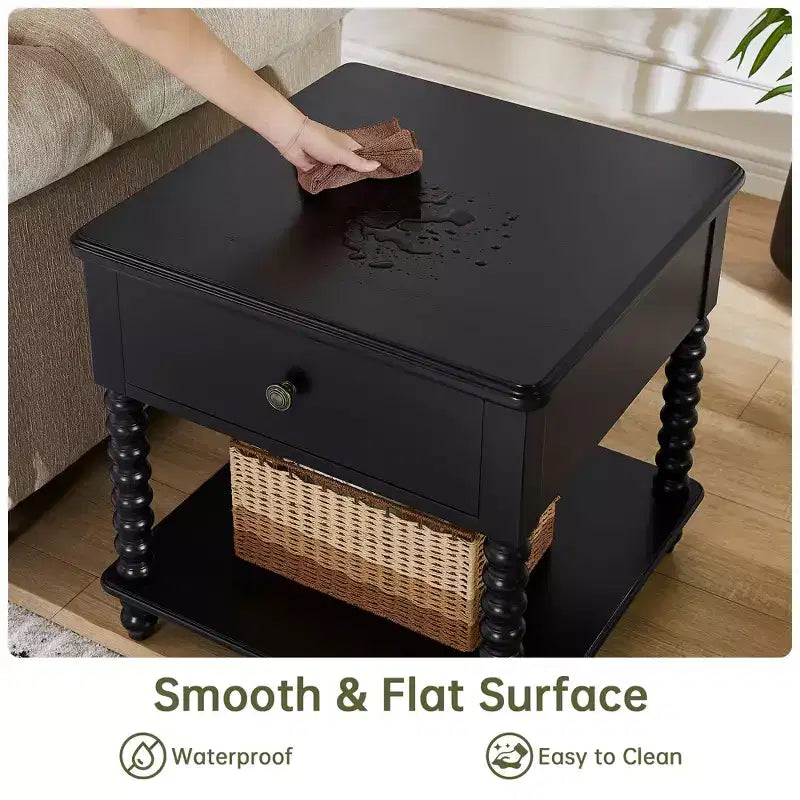 Farmhouse Nightstand with Drawer & Open Shelf, 24" Cube Side Table for Bedroom, Beige/Black