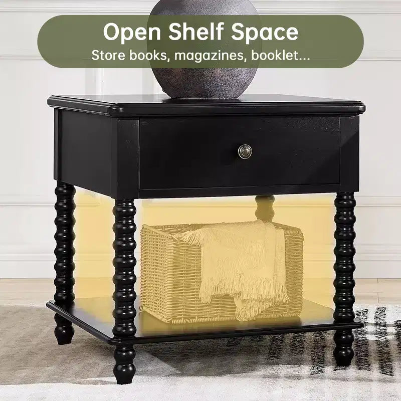 Farmhouse Nightstand with Drawer & Open Shelf, 24" Cube Side Table for Bedroom, Beige/Black