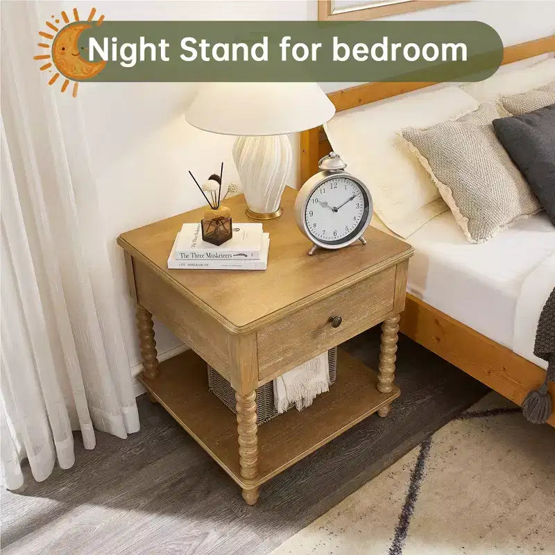 Farmhouse Nightstand with Drawer & Open Shelf, 24" Cube Side Table for Bedroom, Beige/Black