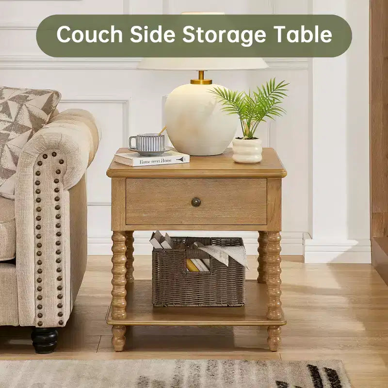 Farmhouse Nightstand with Drawer & Open Shelf, 24" Cube Side Table for Bedroom, Beige/Black