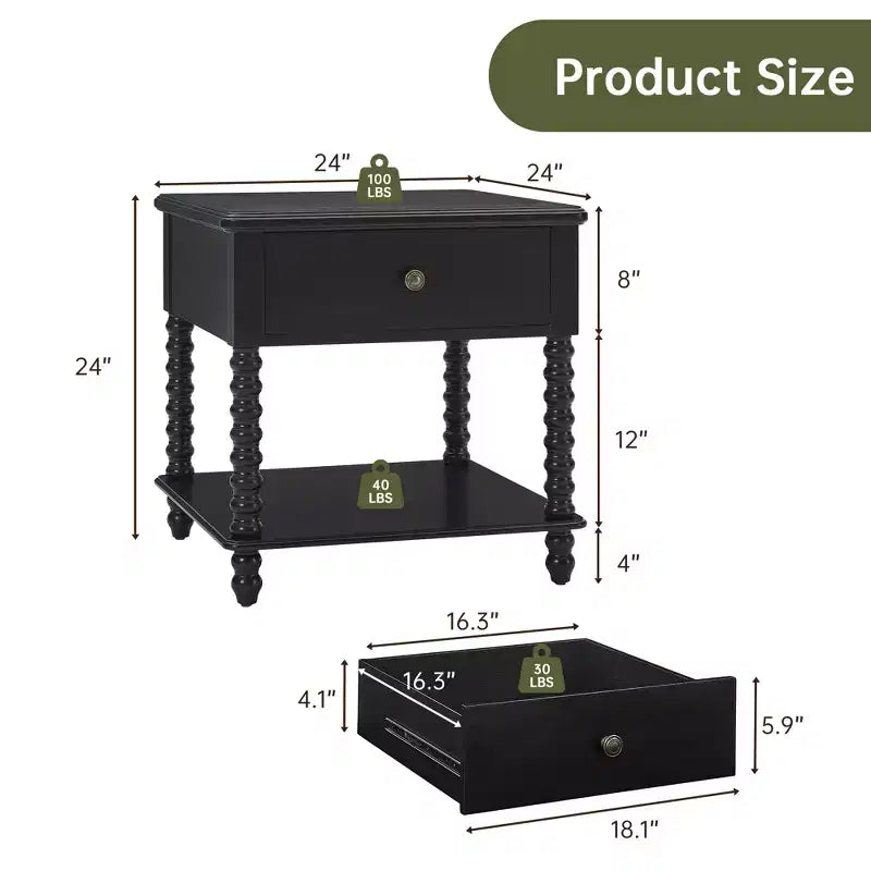 Farmhouse Nightstand with Drawer & Open Shelf, 24" Cube Side Table for Bedroom, Beige/Black