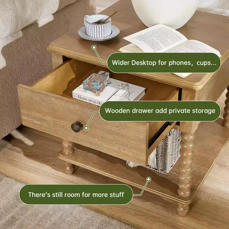 Farmhouse Nightstand with Drawer & Open Shelf, 24" Cube Side Table for Bedroom, Beige/Black