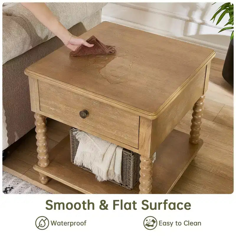 Farmhouse Nightstand with Drawer & Open Shelf, 24" Cube Side Table for Bedroom, Beige/Black