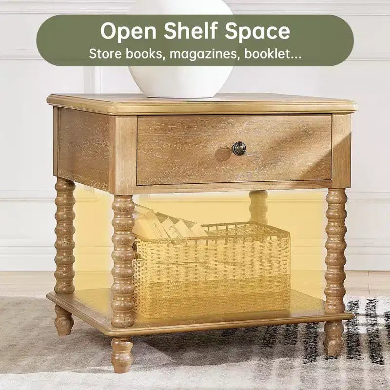 Farmhouse Nightstand with Drawer & Open Shelf, 24" Cube Side Table for Bedroom, Beige/Black