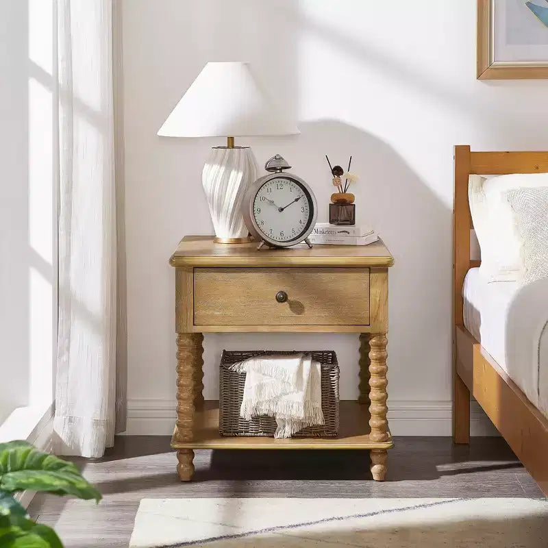 Farmhouse Nightstand with Drawer & Open Shelf, 24" Cube Side Table for Bedroom, Beige/Black