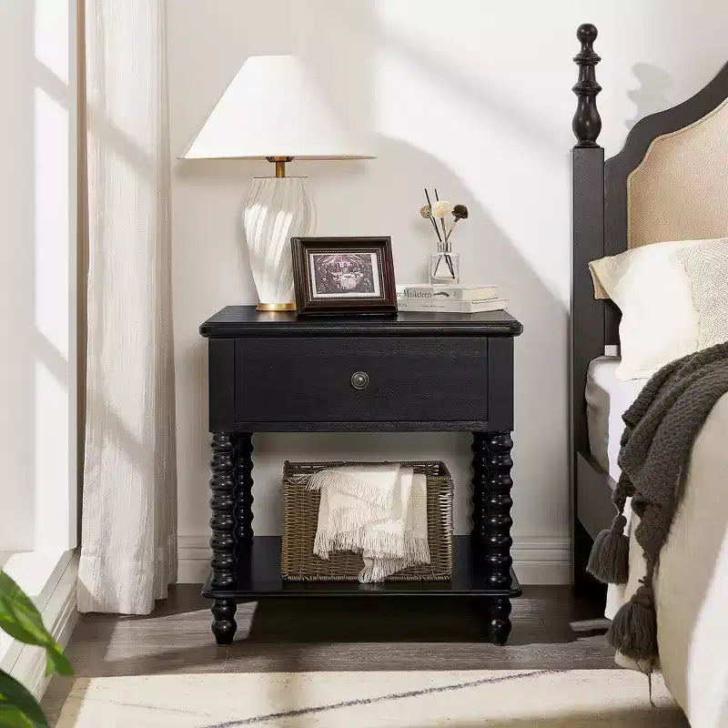 Farmhouse Nightstand with Drawer & Open Shelf,24 Cube Side Table for Bedroom,Beige/Black-Modern Fort