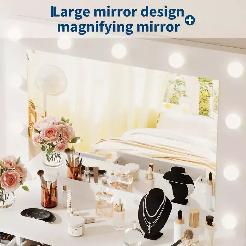 Acekool 47 Makeup Vanity Desk with Mirror & Lights, Power Outlet, 3 Light Modes, 9 Drawers, 1 Door, White Dressing Table for Bedroom