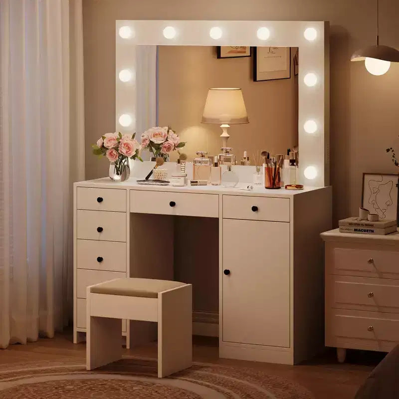 47" Makeup Vanity Desk with Mirror & Lights, Power Outlet, 3 Light Modes, 9 Drawers, 1 Door, White