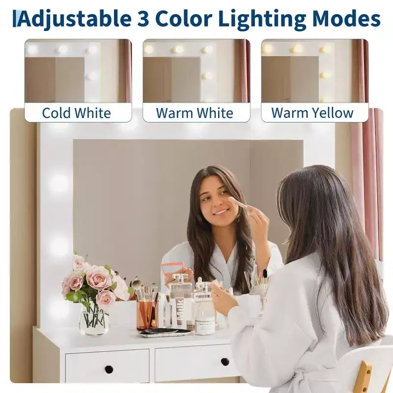 47" Makeup Vanity Desk with Mirror & Lights, Power Outlet, 3 Light Modes, 9 Drawers, 1 Door, White