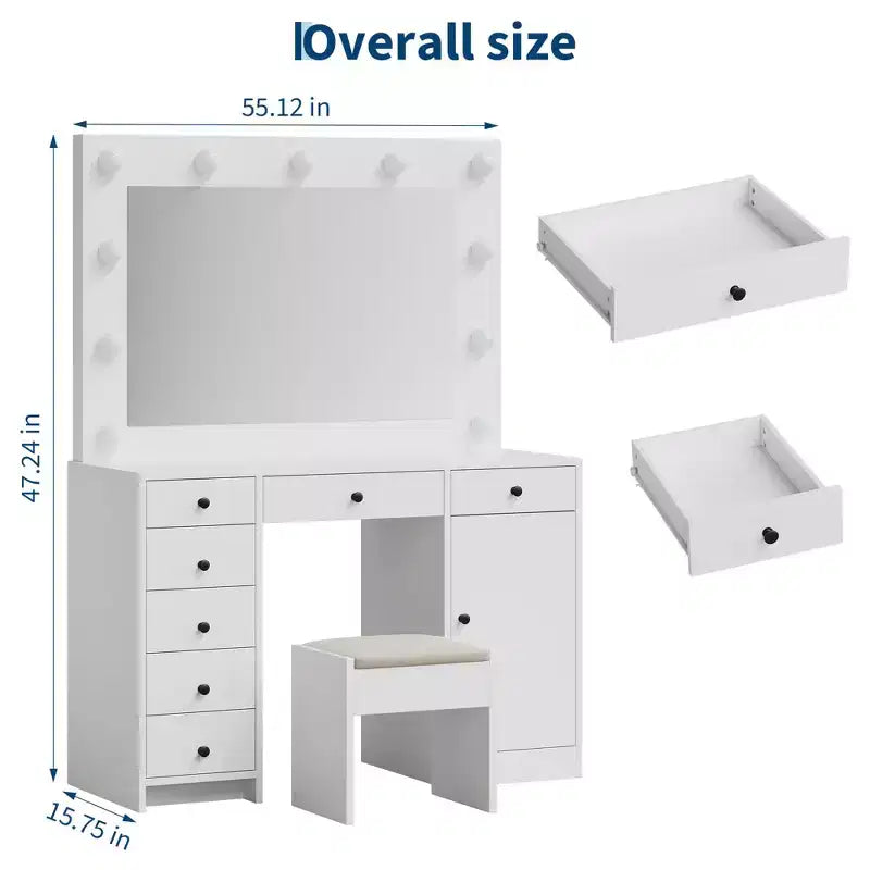 47" Makeup Vanity Desk with Mirror & Lights, Power Outlet, 3 Light Modes, 9 Drawers, 1 Door, White