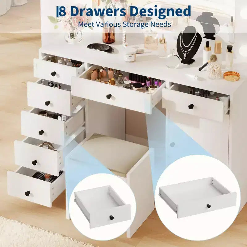 47" Makeup Vanity Desk with Mirror & Lights, Power Outlet, 3 Light Modes, 9 Drawers, 1 Door, White