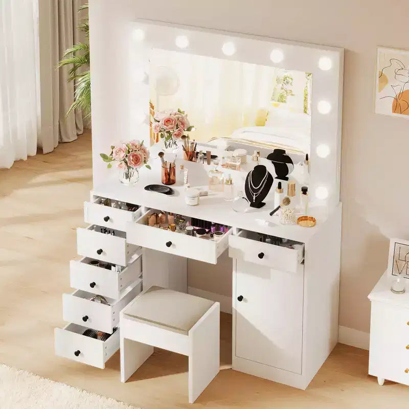 47" Makeup Vanity Desk with Mirror & Lights, Power Outlet, 3 Light Modes, 9 Drawers, 1 Door, White