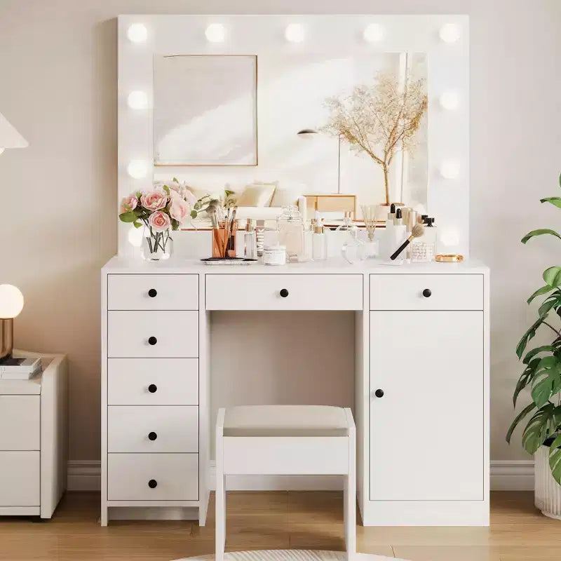 47" Makeup Vanity Desk with Mirror & Lights, Power Outlet, 3 Light Modes, 9 Drawers, 1 Door, White