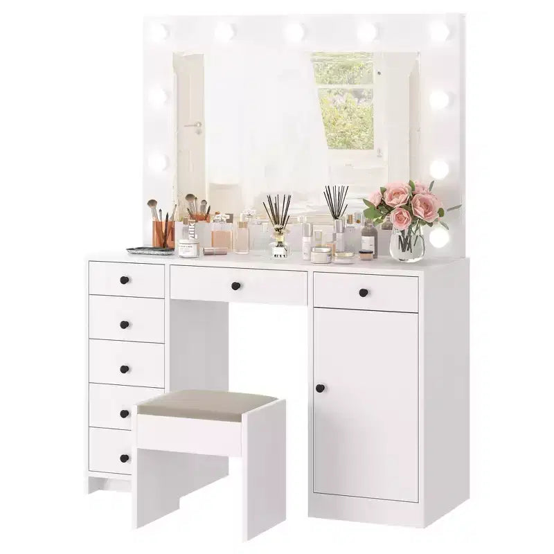 47" Makeup Vanity Desk with Mirror & Lights, Power Outlet, 3 Light Modes, 9 Drawers, 1 Door, White