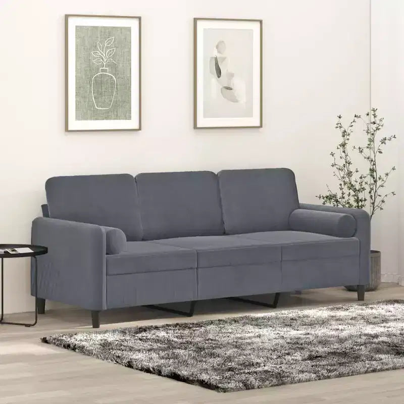 3-Seater Sofa with Throw Pillows, Dark Gray, 70.9" Velvet
