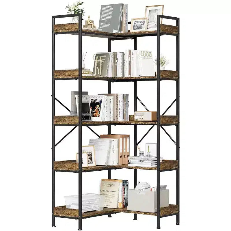 5 Tier Corner Bookshelf, Industrial Wooden Bookcase with Open Storage Shelves and Metal Frame for Living Room, Bedroom, Home Office