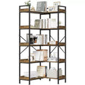 5 Tier Corner Bookshelf, Industrial Wooden Bookcase with Open Storage Shelves and Metal Frame for Living Room, Bedroom, Home Office