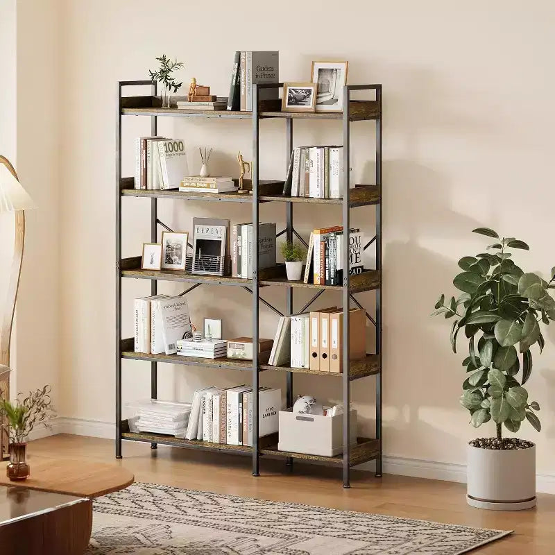5 Tier Corner Bookshelf, Industrial Wooden Bookcase with Open Storage Shelves and Metal Frame for Living Room, Bedroom, Home Office
