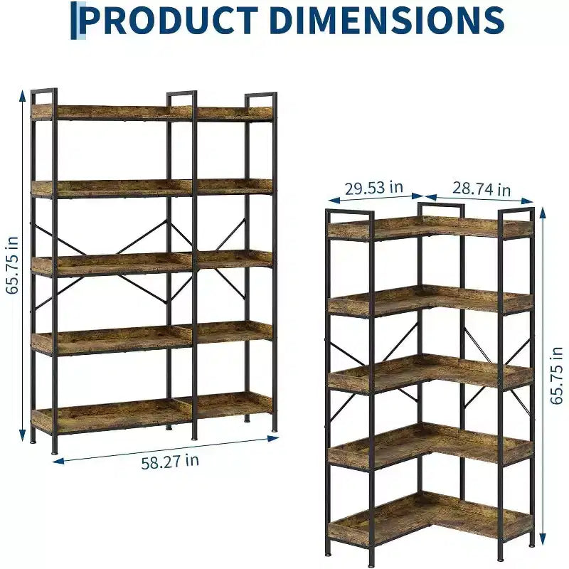 5 Tier Corner Bookshelf, Industrial Wooden Bookcase with Open Storage Shelves and Metal Frame for Living Room, Bedroom, Home Office