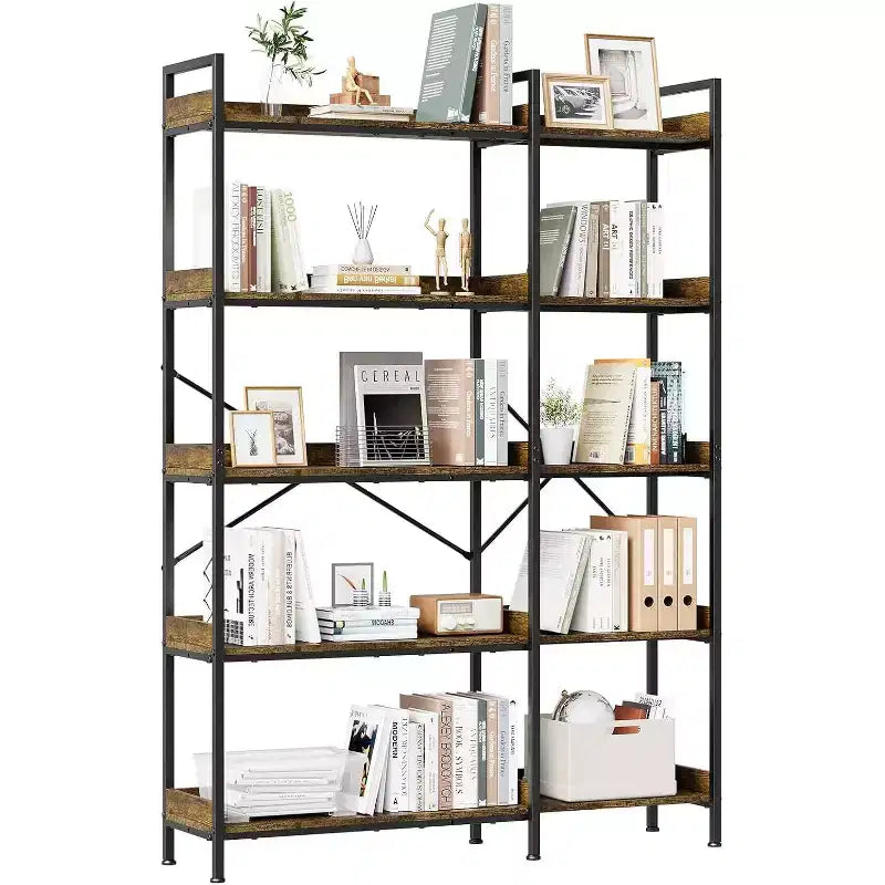 5 Tier Corner Bookshelf, Industrial Wooden Bookcase with Open Storage Shelves and Metal Frame for Living Room, Bedroom, Home Office