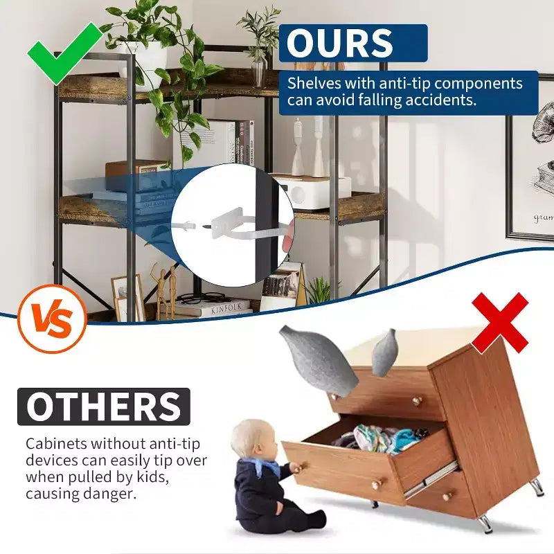 5 Tier Corner Bookshelf, Industrial Wooden Bookcase with Open Storage Shelves and Metal Frame for Living Room, Bedroom, Home Office