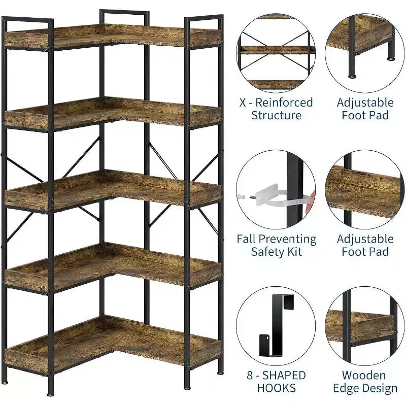 5 Tier Corner Bookshelf, Industrial Wooden Bookcase with Open Storage Shelves and Metal Frame for Living Room, Bedroom, Home Office