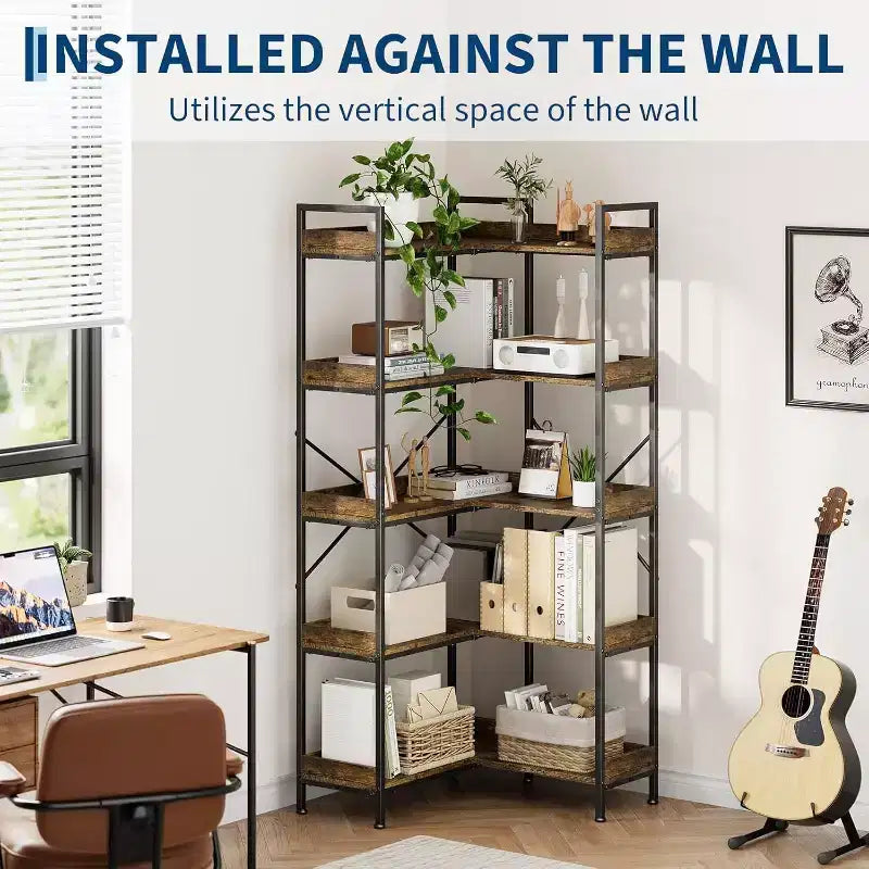 5 Tier Corner Bookshelf, Industrial Wooden Bookcase with Open Storage Shelves and Metal Frame for Living Room, Bedroom, Home Office