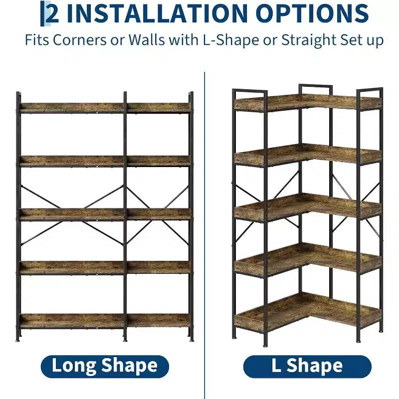5 Tier Corner Bookshelf, Industrial Wooden Bookcase with Open Storage Shelves and Metal Frame for Living Room, Bedroom, Home Office