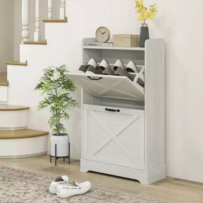 Slim Shoe Storage Cabinet, Farmhouse Shoe Cabinet with 2 Flip Drawers, Adjustable Shelves for 8 Pairs