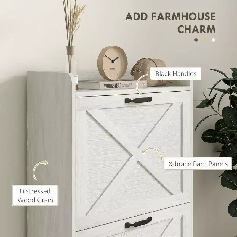 Slim Shoe Storage Cabinet, Farmhouse Shoe Cabinet with 2 Flip Drawers, Adjustable Shelves for 8 Pairs