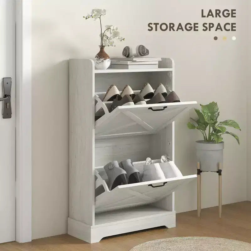 Slim Shoe Storage Cabinet, Farmhouse Shoe Cabinet with 2 Flip Drawers, Adjustable Shelves for 8 Pairs