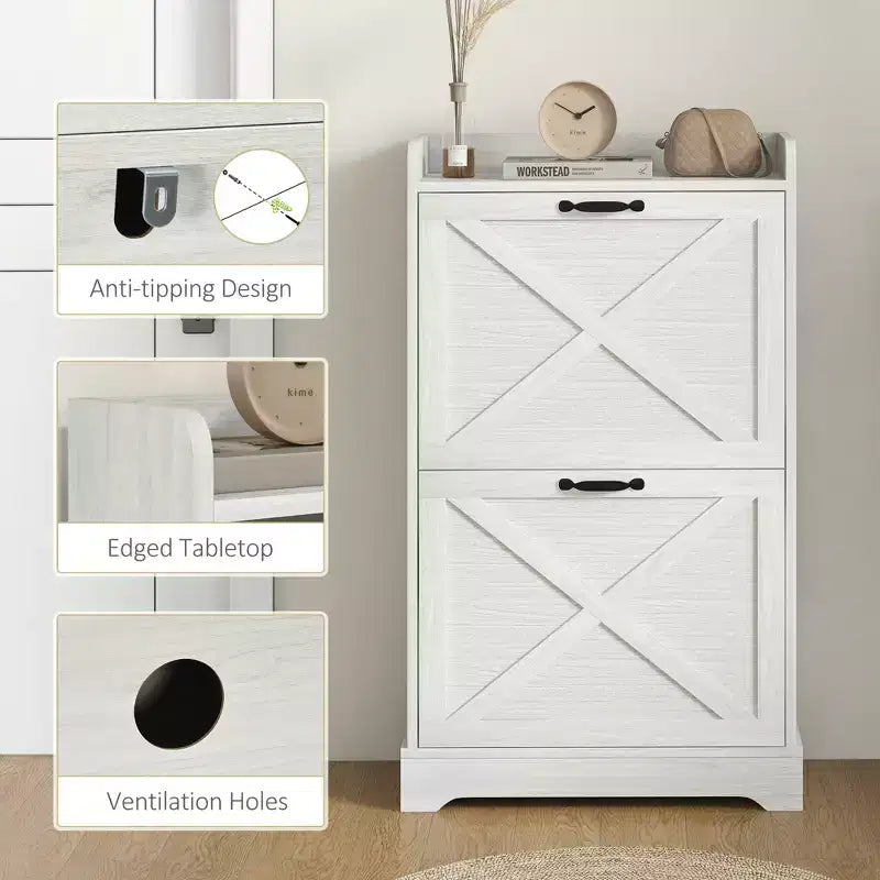 Slim Shoe Storage Cabinet, Farmhouse Shoe Cabinet with 2 Flip Drawers, Adjustable Shelves for 8 Pairs