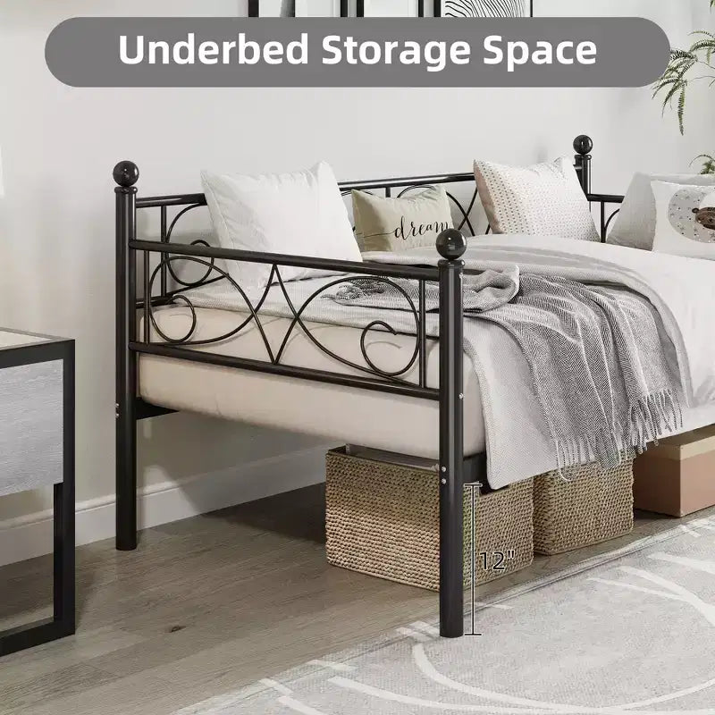 Twin Size Metal Daybed Frame with Storage, Heavy Duty Daybed with Metal Slats, Multifunctional Twin Day Bed for Living Room, Bedroom, Black